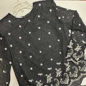 Laurence Kazar Silk Blouse Top Shirt Beaded Embellished Sheer Long Sleeve Size M